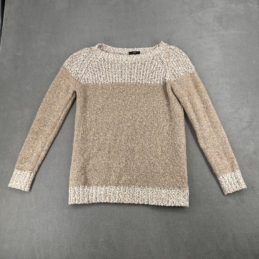 Fate Womens Tan Cream Textured Knit Long Sleeve Crew Neck Sweater Size M